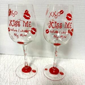 Red Kiss Me before I change my mind- 2- Wine Glasses new 9” tall